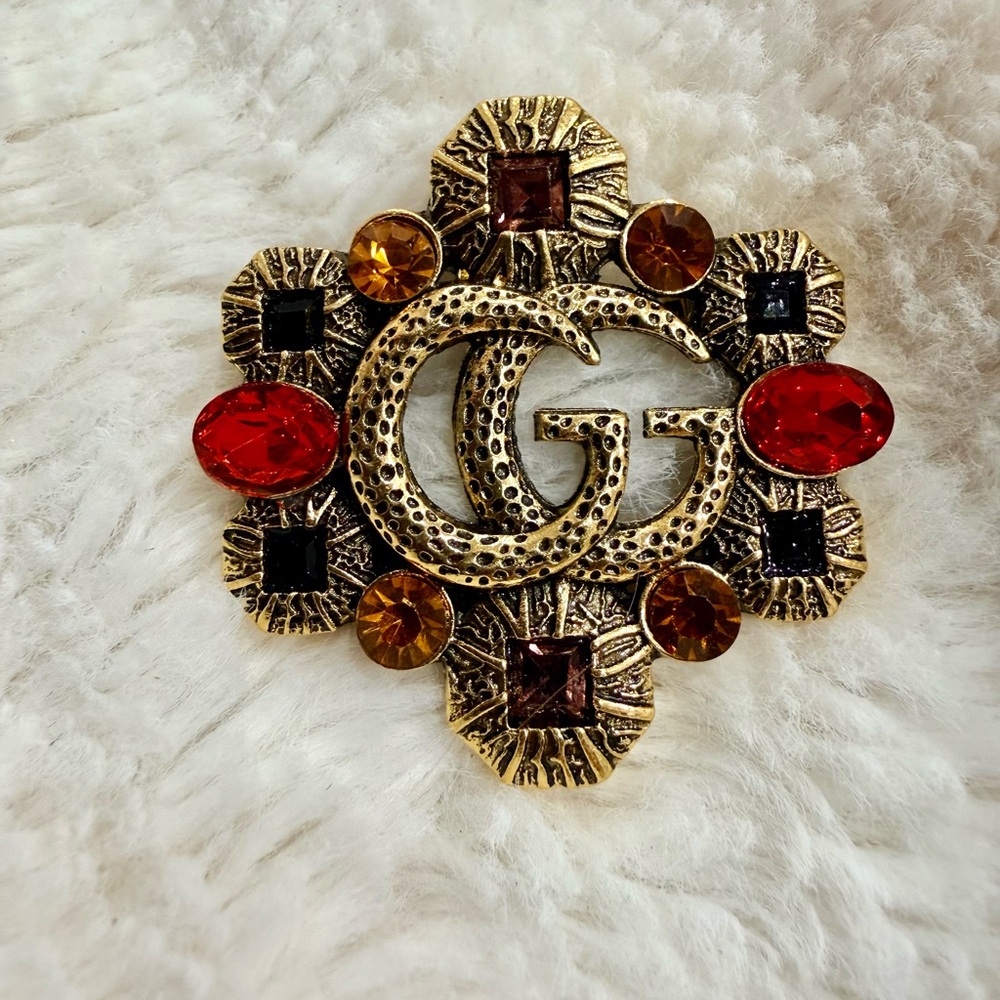 Stunning Gold Brooch with Red and Amber stones-New